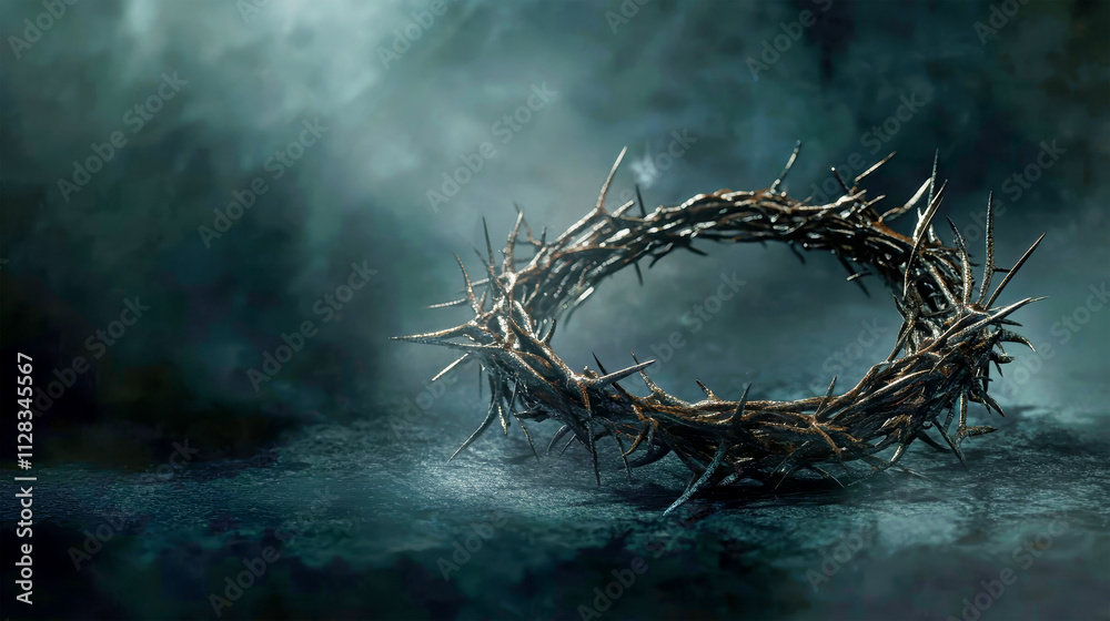 Fototapeta premium Crown of thorns on dark background with space for Easter or Palm Sunday message in a side view