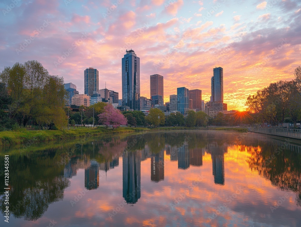 Obraz premium city skyline reflection at sunset over a tranquil lake