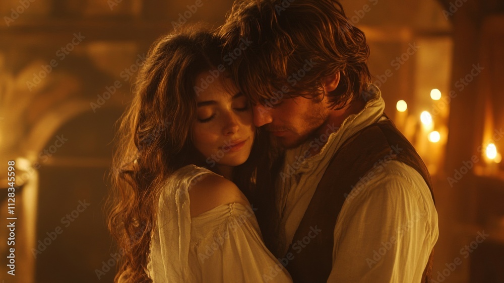 A passionate embrace in candlelit medieval setting A passionate embrace in candlelit medieval setting