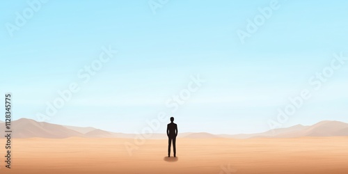 A silhouette of a lone man poses against the expansive desert landscape, symbolizing isolation and contemplation in a vast, empty world.