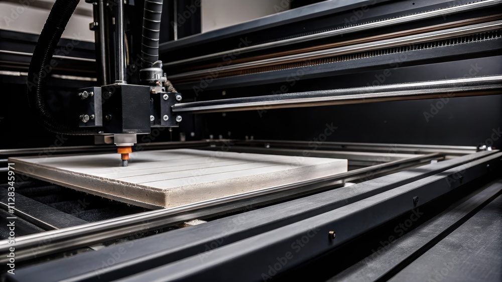 Obraz premium A large 3D printer extruding a ceramic composite material onto a build platform highlighting the intricate layering process.