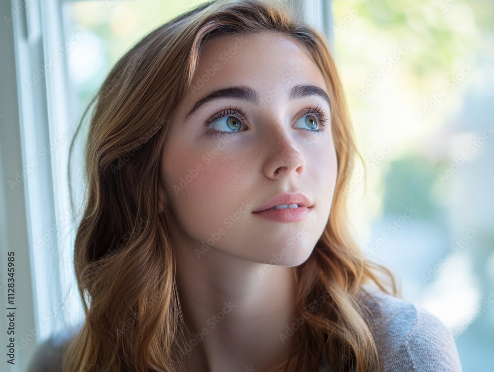 young woman looking thoughtfully out a window young woman looking thoughtfully out a window
