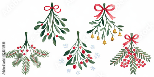 Festive Watercolor Mistletoe Holly Christmas Clipart