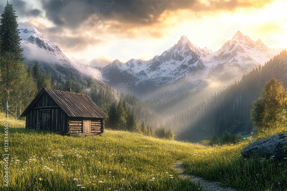 Embracing serenity in a mountain retreat at sunrise with lush greenery and majestic peaks Embracing serenity in a mountain retreat at sunrise with lush greenery and majestic peaks