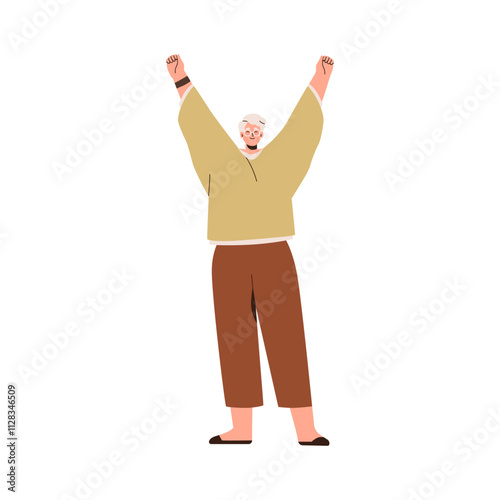 Senior woman raising fists, arms up in winner pose. Happy elderly female celebrating with hands gesture, joy emotion, smiling expression. Flat vector illustration isolated on white background