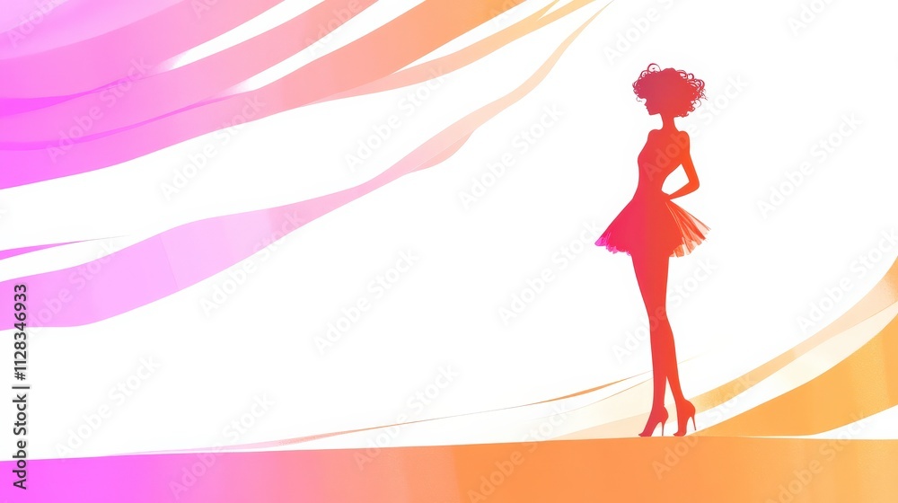 Elegant Silhouette of a Fashion Model in a Flowing Dress Against a Gradient Background of Pink and Orange Hues, Ideal for Fashion and Beauty Themes Elegant Silhouette of a Fashion Model in a Flowing Dress Against a Gradient Background of Pink and Orange Hues, Ideal for Fashion and Beauty Themes
