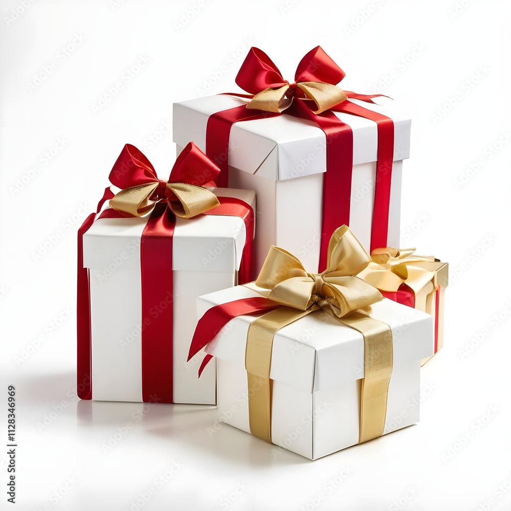 Ribbon gift box, gift box, square gift boxes, white gift box, red gift box, gold ribbon, white background, gift box design Ribbon gift box, gift box, square gift boxes, white gift box, red gift box, gold ribbon, white background, gift box design