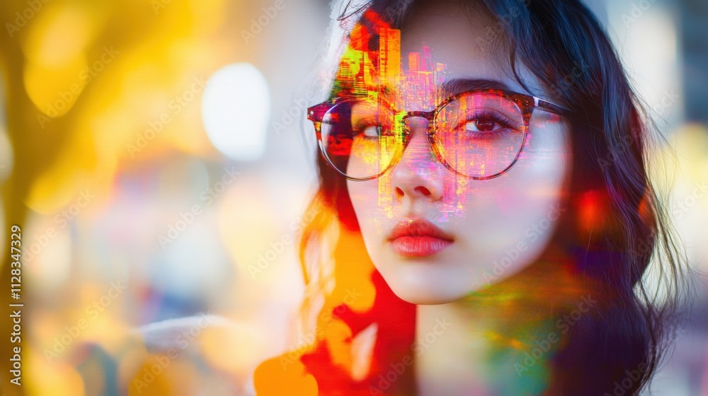 portrait of a woman with glasses and artistic background portrait of a woman with glasses and artistic background