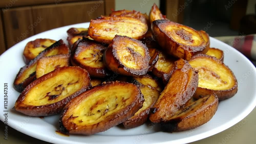 Fried plantains served on a white plate at a home kitchen setting, capturing a popular dish enjoyed across cultures Fried plantains served on a white plate at a home kitchen setting, capturing a popular dish enjoyed across cultures
