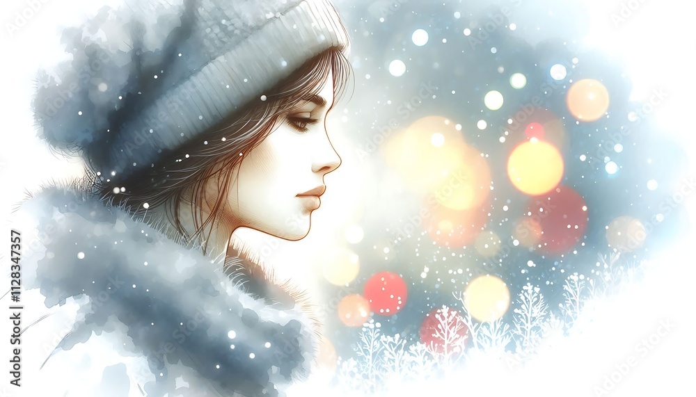 Portrait of a woman in a winter hat with snowflakes and light bokeh effects. Digital watercolor illustration for seasonal designs Portrait of a woman in a winter hat with snowflakes and light bokeh effects. Digital watercolor illustration for seasonal designs