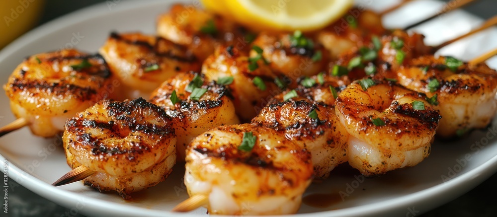Grilled shrimp skewers with lemon and herbs on a white plate. Grilled shrimp skewers with lemon and herbs on a white plate.