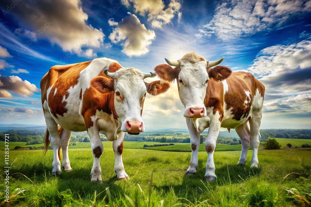 Double Exposure Cows, Red & White, Green Field, Blue Sky Double Exposure Cows, Red & White, Green Field, Blue Sky