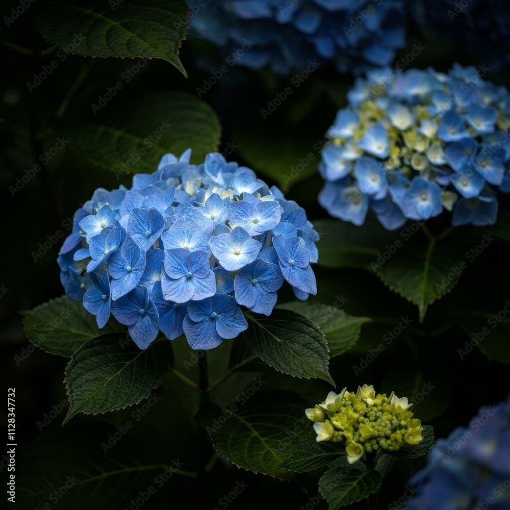 Vibrant blue hydrangea blooms in lush garden setting Vibrant blue hydrangea blooms in lush garden setting