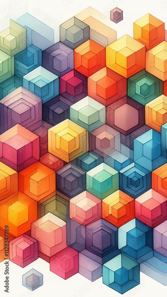 Obraz premium Colorful Hexagonal Geometric Pattern with Watercolor Texture