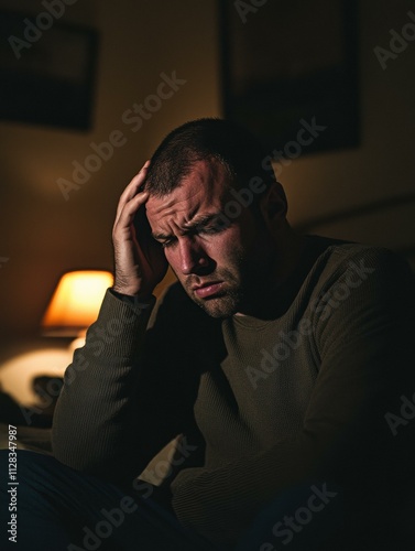 Man sitting alone, hand on forehead, appearing stressed. AI.