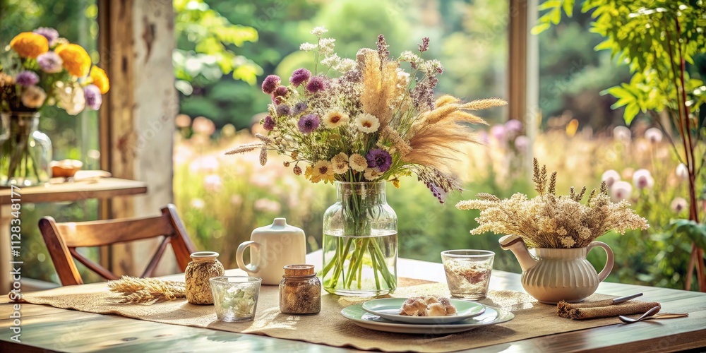 Elegant Summer Table Decor with Dried Flowers in a Beautiful Relaxation Setting for Fashion Photography Elegant Summer Table Decor with Dried Flowers in a Beautiful Relaxation Setting for Fashion Photography