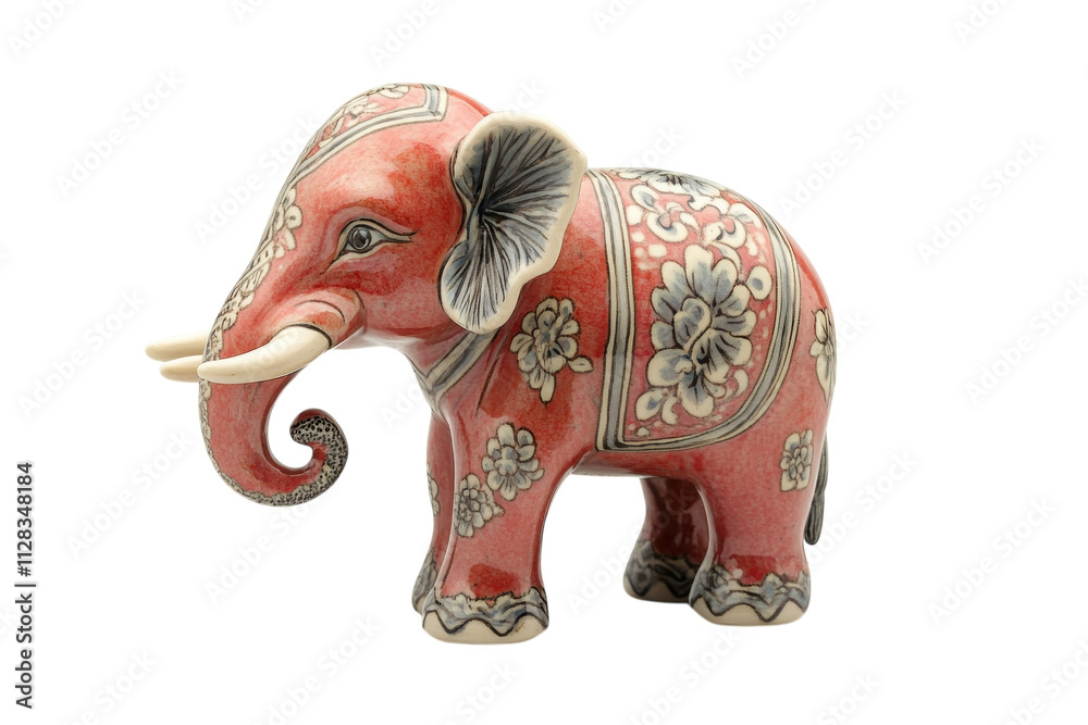 Decorative red elephant figurine with floral patterns and intricate detailing in a bright display Decorative red elephant figurine with floral patterns and intricate detailing in a bright display