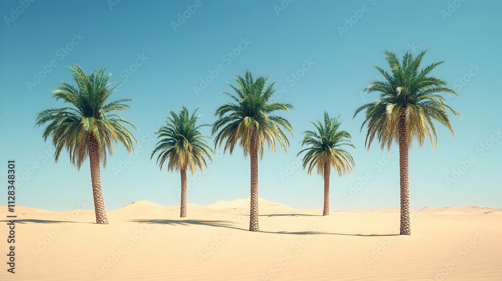 Desert Oasis, Five Palm Trees Stand Tall in the Sahara Sands Under a Clear Sky Desert Oasis, Five Palm Trees Stand Tall in the Sahara Sands Under a Clear Sky