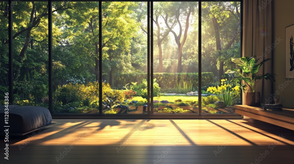 serene interior view with natural light and lush greenery serene interior view with natural light and lush greenery