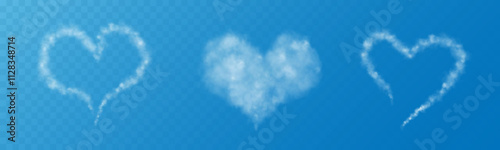 A set of different smoky fluffy heart shaped clouds on a transparent blue sky background. Romantic smoke trail, white translucent heart shaped clouds. Vector illustration for your graphic design.
