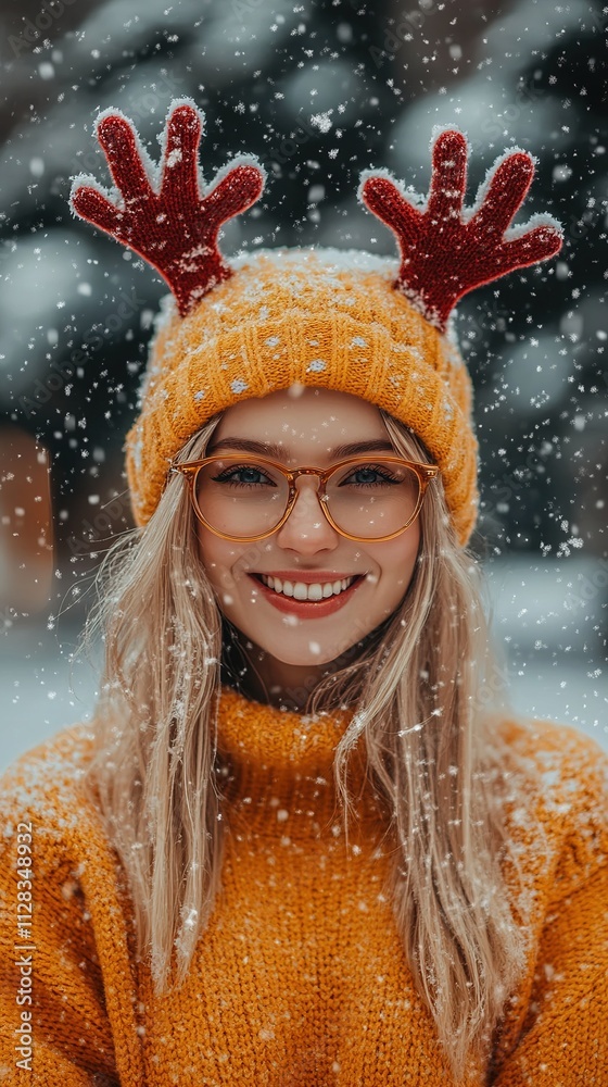 Obraz premium 3D Christmas background featuring a cheerful woman wearing a cozy winter reindeer hat with festive antlers, set against a snowy backdrop that captures the essence of winter warmth and holiday spirit, 