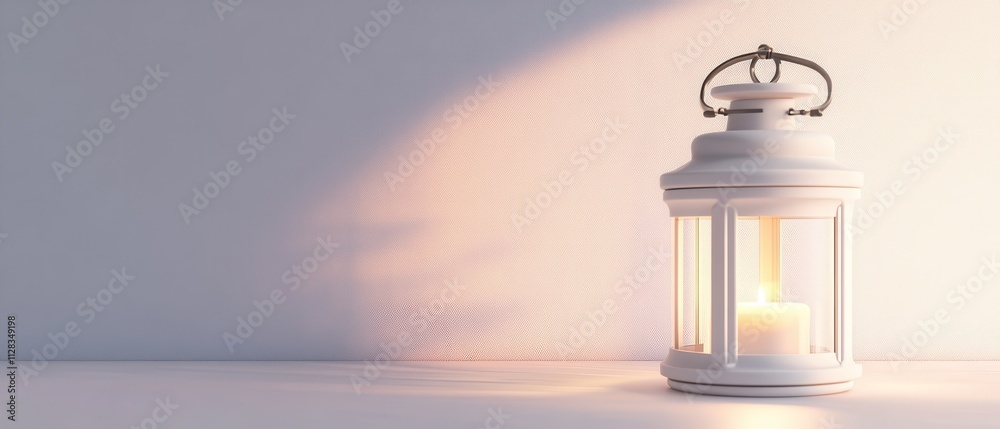 Elegant White Lantern with Candle Casting Soft Light and Shadows Elegant White Lantern with Candle Casting Soft Light and Shadows