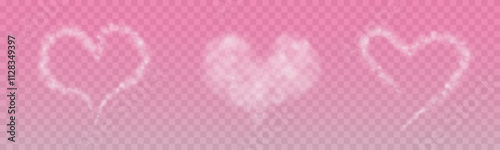 A set of different smoky fluffy heart shaped clouds on a transparent background of pink shade . Romantic smoky, white translucent heart shaped clouds. Vector illustration for your graphic design.