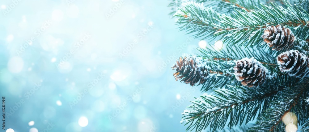 Snowy Pine Branch with Frosty Pinecones and Glowing Background