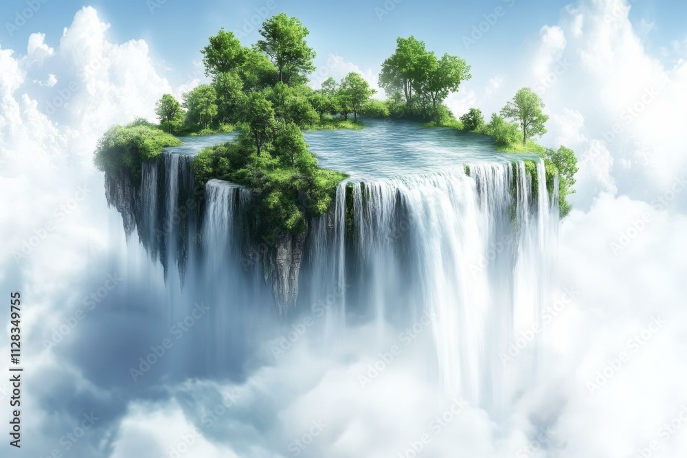 Naklejka premium Serene floating island with a waterfall. AI.