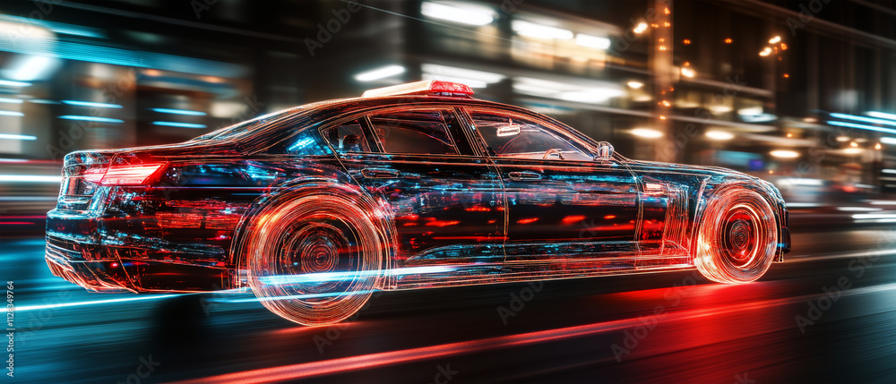 Dynamic police car zooming through a futuristic city with vibrant neon and light trails creating a mesmerizing visual experience Dynamic police car zooming through a futuristic city with vibrant neon and light trails creating a mesmerizing visual experience