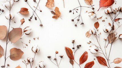 Frame cosy made of eucalyptus branches on white background fall concept Flat lay