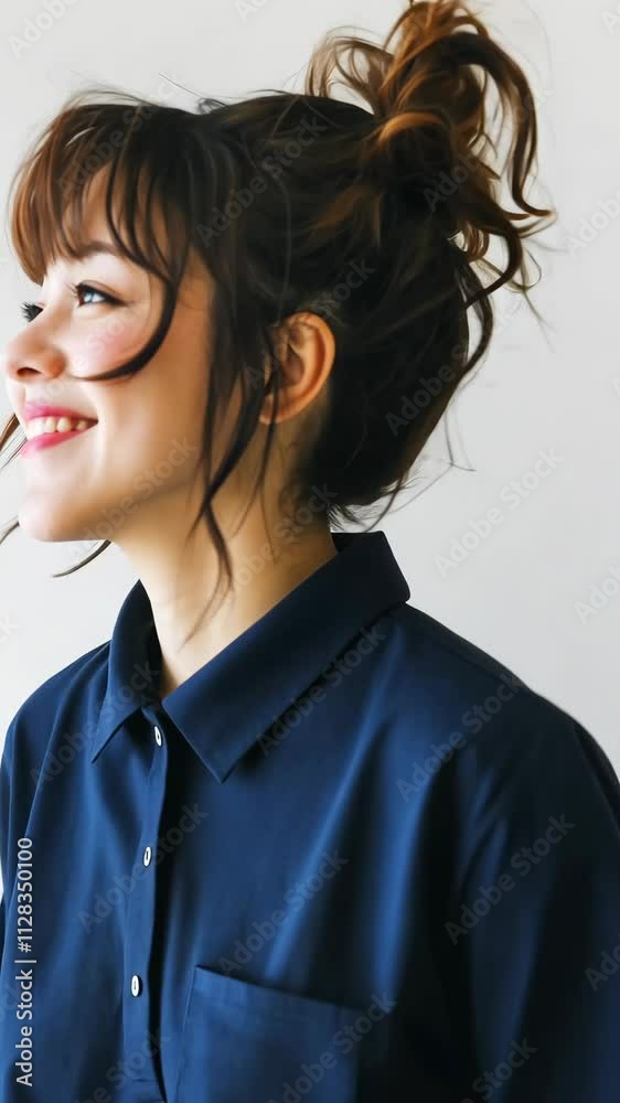 Smiling woman with stylish hair and navy shirt in a bright setting showcasing a cheerful expression and positive energy Smiling woman with stylish hair and navy shirt in a bright setting showcasing a cheerful expression and positive energy