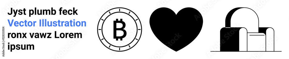 Bitcoin symbol in a circle, solid black heart shape, aesthetic padlock icon, sample text in blackblue. Ideal for cryptocurrency themes, security, digital love, modern designs, websites, fintech Bitcoin symbol in a circle, solid black heart shape, aesthetic padlock icon, sample text in blackblue. Ideal for cryptocurrency themes, security, digital love, modern designs, websites, fintech