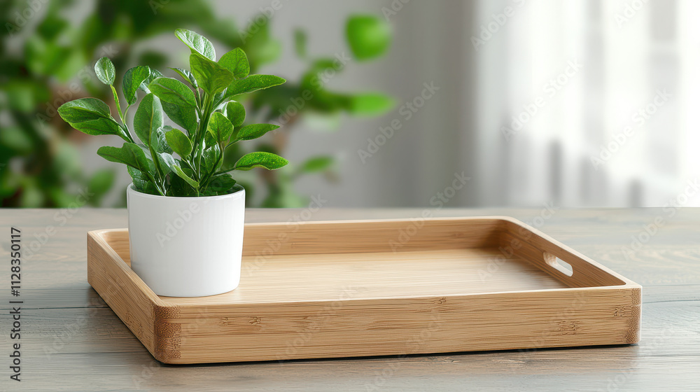 bamboo eco-friendly furniture concept. Bamboo serving tray with potted plant on rustic table bamboo eco-friendly furniture concept. Bamboo serving tray with potted plant on rustic table