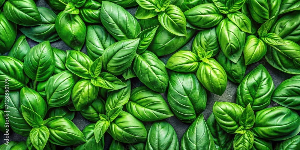 Fresh Basil Leaves Background - Top View Banner with Copy Space for Culinary and Herbal Designs Fresh Basil Leaves Background - Top View Banner with Copy Space for Culinary and Herbal Designs
