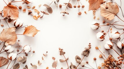 Frame border made of eucalyptus branches on white background fall concept Flat lay