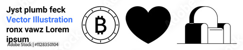 Bitcoin symbol in a circle, solid black heart shape, aesthetic padlock icon, sample text in blackblue. Ideal for cryptocurrency themes, security, digital love, modern designs, websites, fintech