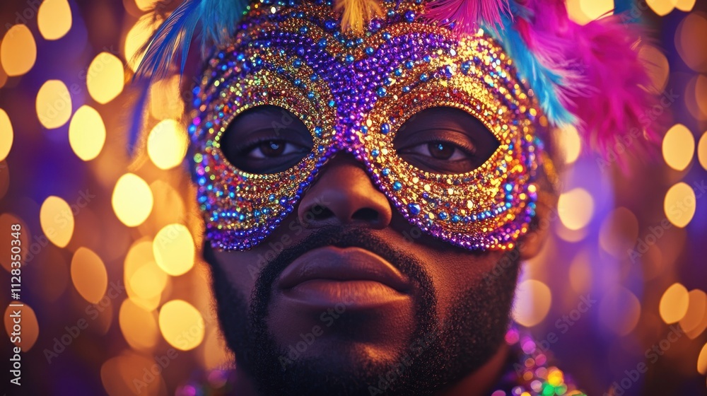 Man in a colorful mask with festive background lights