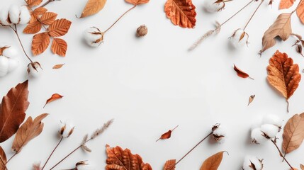 Frame made of eucalyptus branches on white background fall concept Flat lay cosy