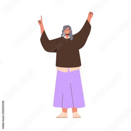 Happy elderly woman raising arms up and pointing finger. Smiling gray-haired female character with joyful and cheerful expression, hand gesture. Flat vector illustration isolated on white background