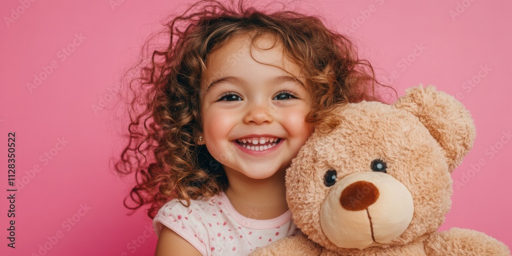 Happy child with toy bear. AI. Happy child with toy bear. AI.