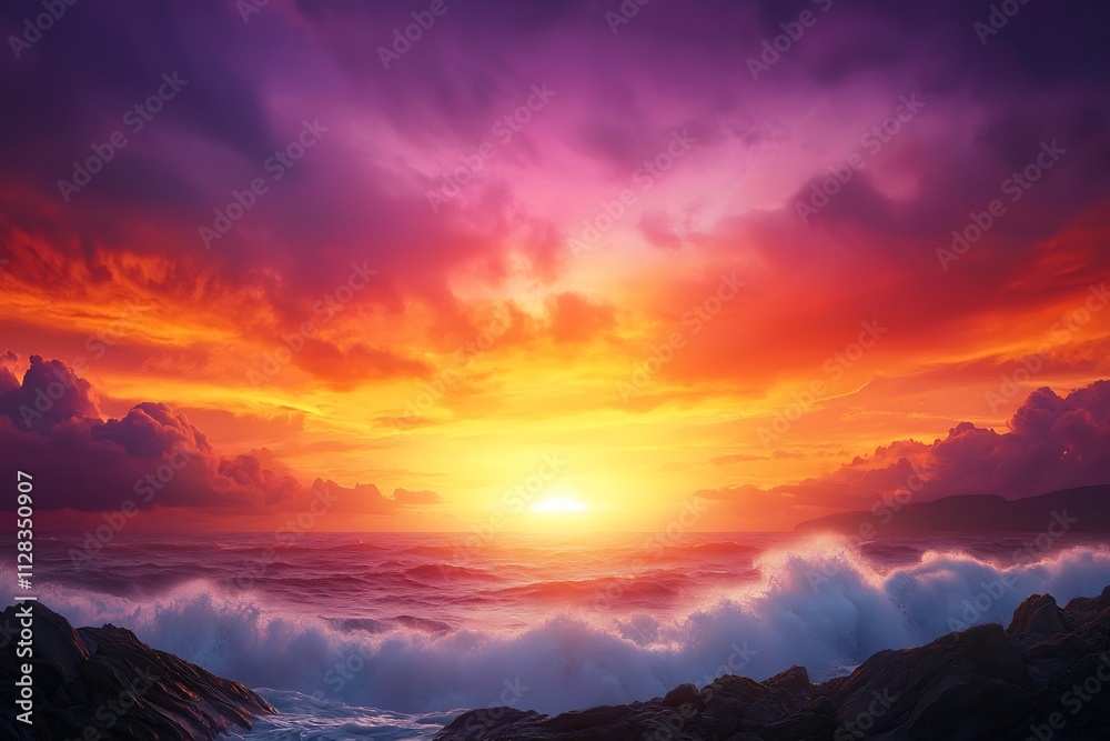 Obraz premium Dramatic Sunset Over Rugged Coastal Landscape with Fiery Sky and Crashing Waves
