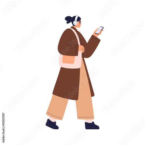 Woman walking outdoors in headphones, listening to music on smartphone. Young girl going with bag and mobile phone in hand, urban style. Flat vector illustration isolated on white background