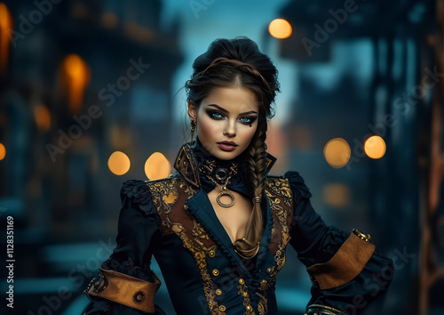 A beautiful woman wearing a steampunk style coat, with a blurred city background
