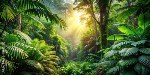 Lush Tropical Jungle Panoramic, Vibrant Rainforest Panorama, Exotic Plants, Green Canopy, Wildlife Habitat, Emerald Paradise photo