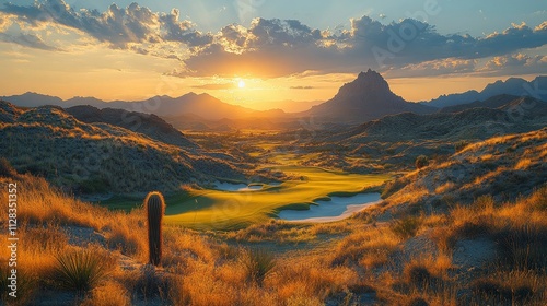 Majestic Sunset Over Desert Golf Course with Mountain Range