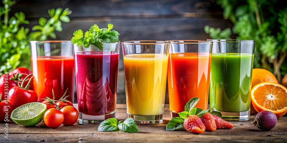 Healthy Refreshing Fruit & Veggie Juice Lineup - Colorful Glasses Healthy Refreshing Fruit & Veggie Juice Lineup - Colorful Glasses