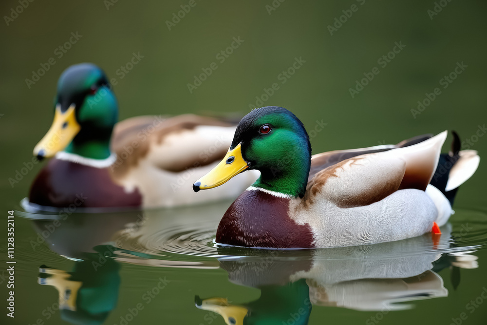 Obraz premium A close-up photograph of two ducks swimming in a pond.