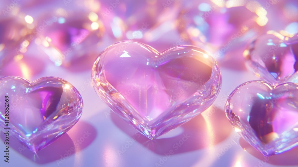 Iridescent Glass Hearts Scattered On A Purple Surface Iridescent Glass Hearts Scattered On A Purple Surface