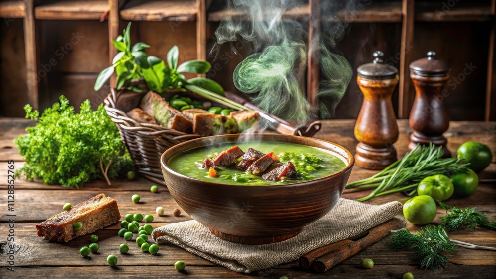Hearty Pea Soup with Ribs: A Comforting Culinary Delight Featuring Fresh Ingredients and Rustic Presentation Hearty Pea Soup with Ribs: A Comforting Culinary Delight Featuring Fresh Ingredients and Rustic Presentation